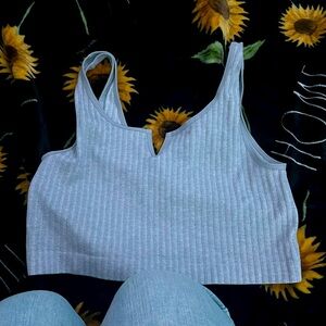 A light blue crop top, with a tiny slit that goes down the middle of the shirt
